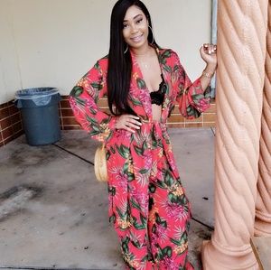 Red floral matching duster jacket and pants